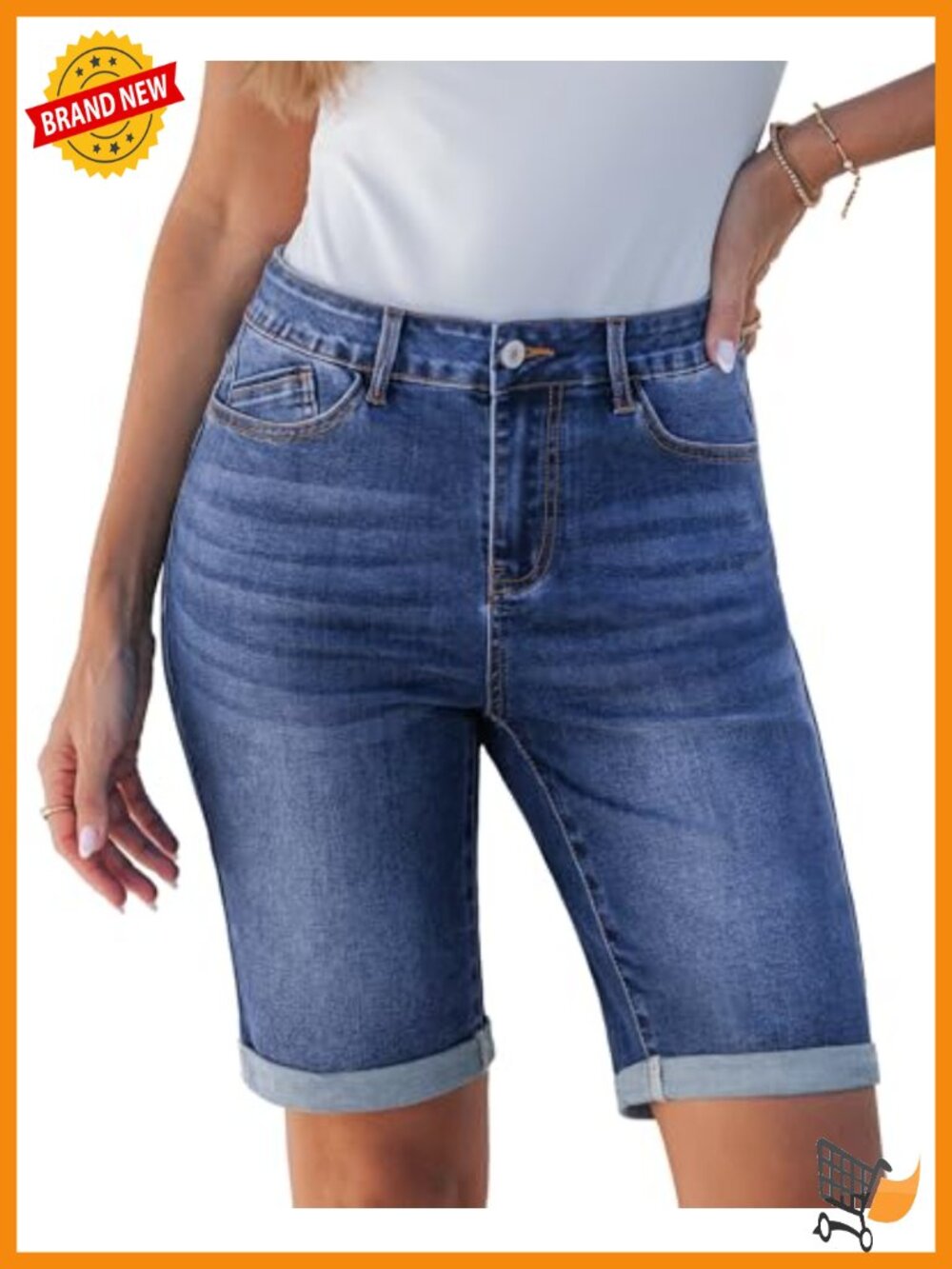 Bermuda Jean Shorts High Waisted Cuffed Hem Long Denim Stretchy Jorts